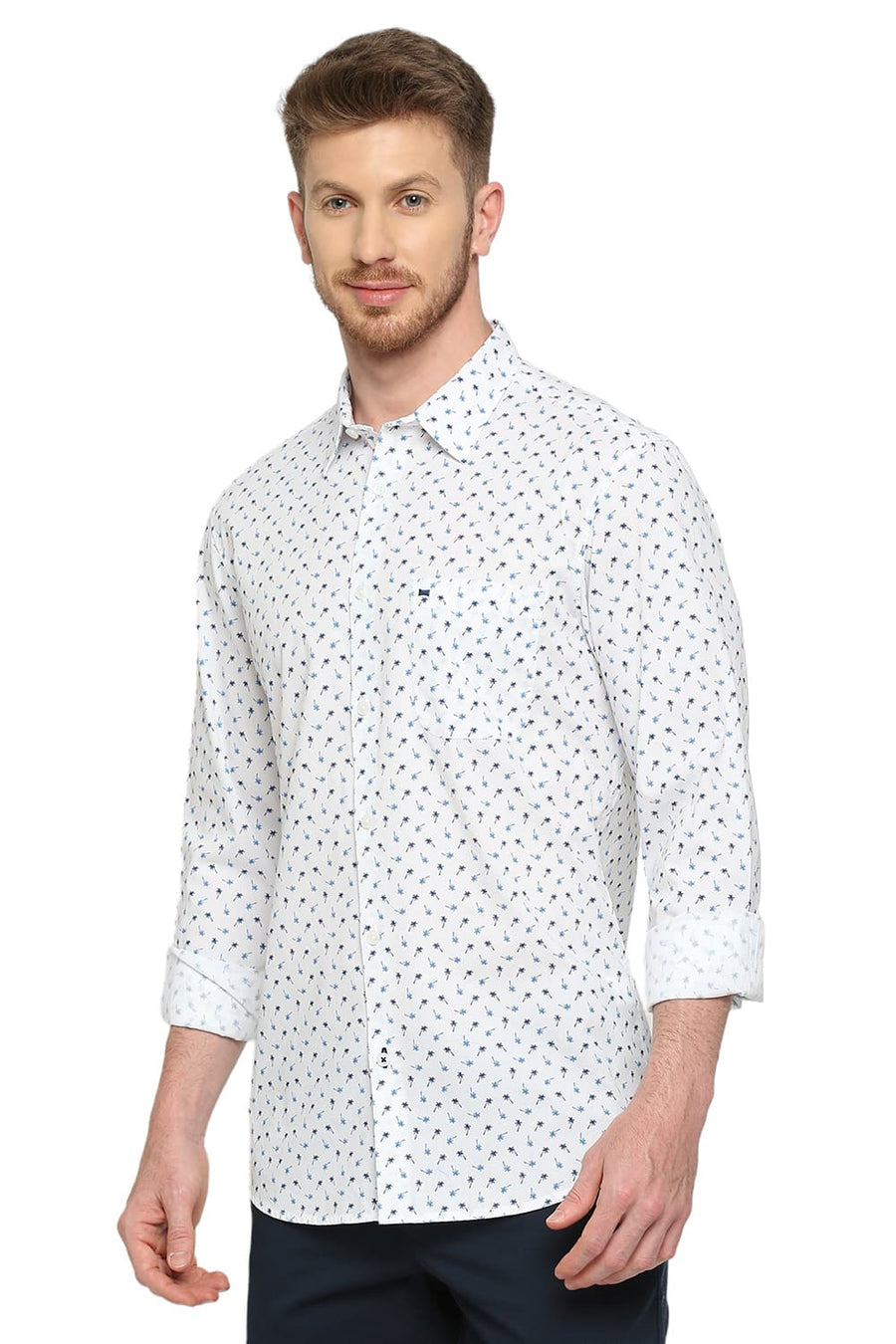 BASICS SLIM FIT STARGAZER BLUE COTTON POPLIN PRINTED SHIRT