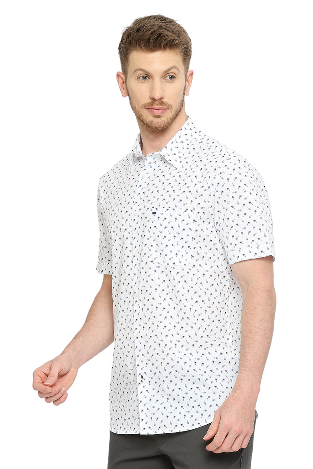 BASICS SLIM FIT COTTON POPLIN PRINTED HALFSLEEVES SHIRT