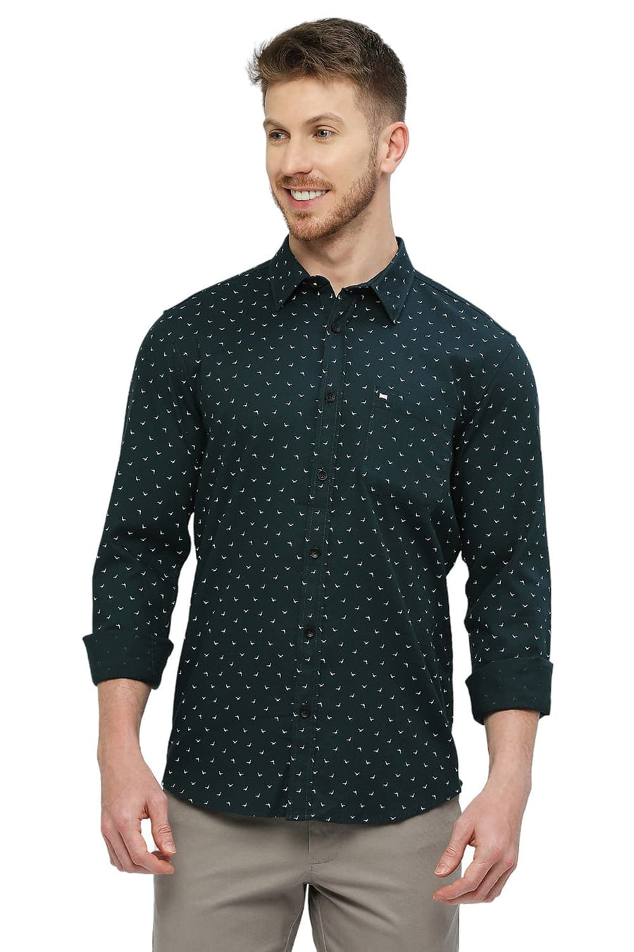 BASICS SLIM FIT DEEP LAKE TEAL COTTON DOBBY PRINTED SHIRT
