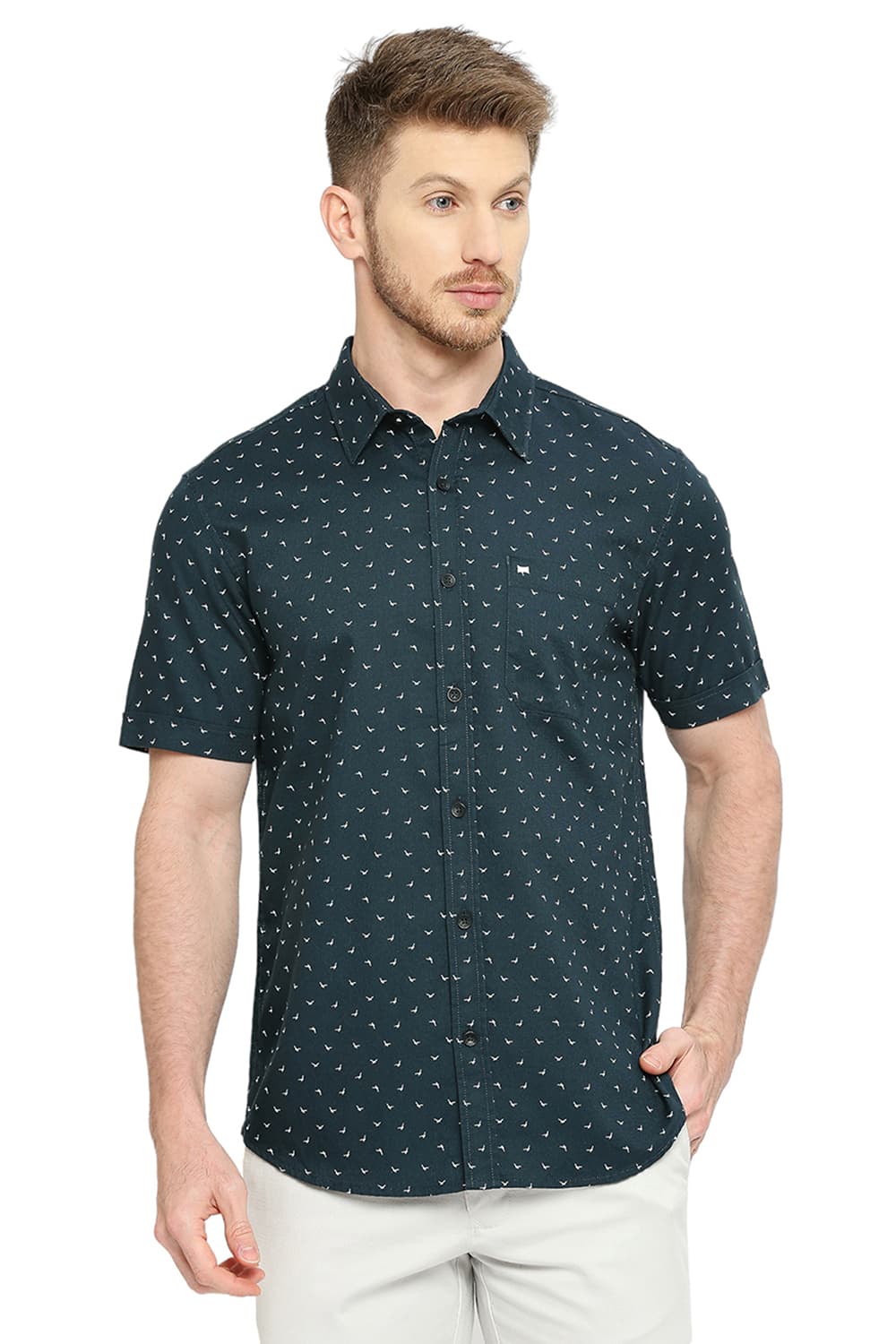 BASICS SLIM FIT COTTON DOBBY PRINTED SHIRT