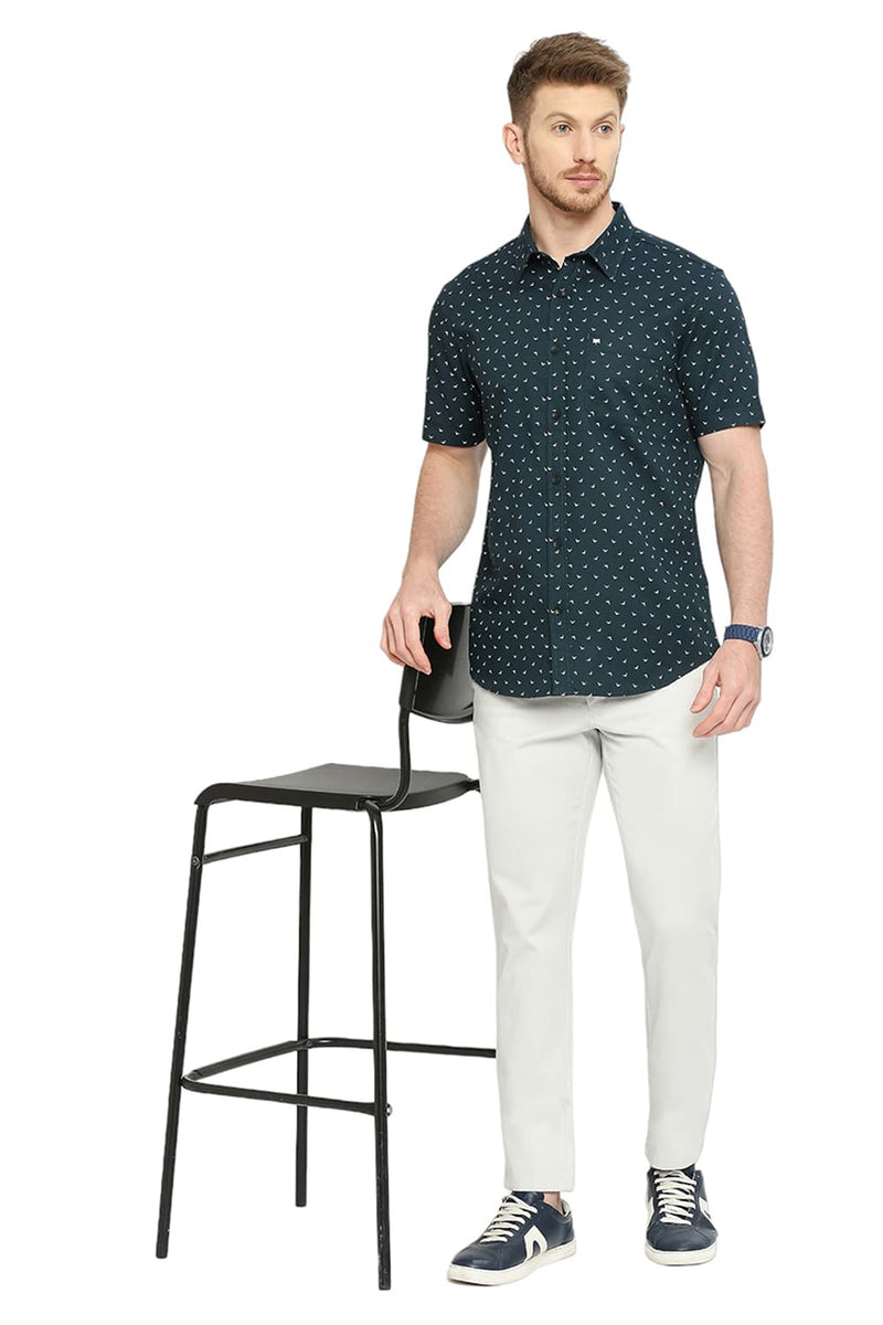 BASICS SLIM FIT COTTON DOBBY PRINTED HALFSLEEVES SHIRT