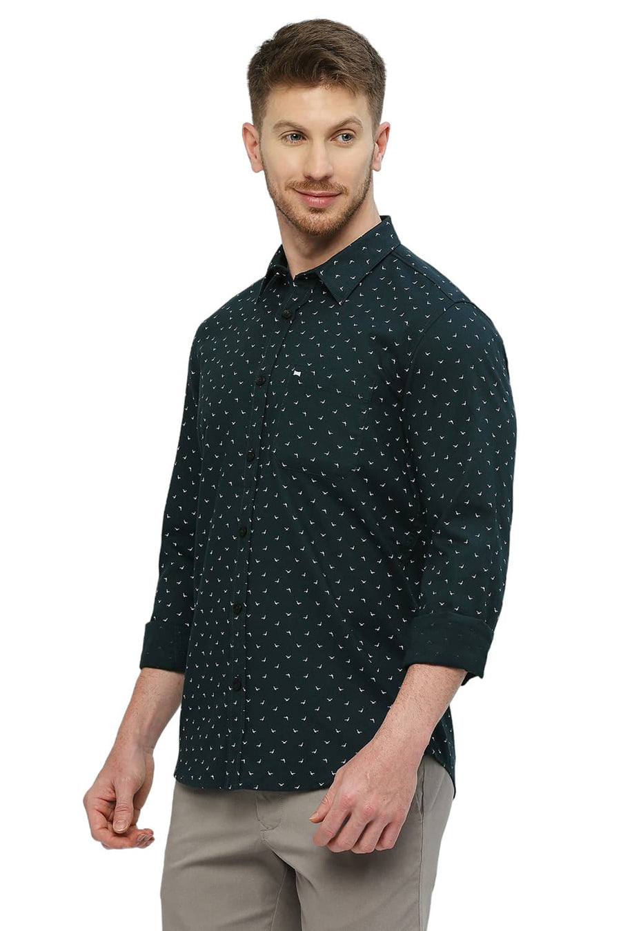 BASICS SLIM FIT DEEP LAKE TEAL COTTON DOBBY PRINTED SHIRT