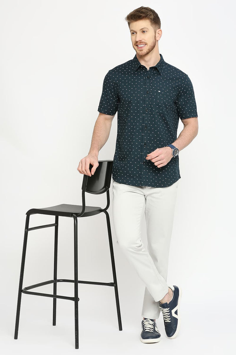 Slim Fit Cotton Dobby Printed Halfsleeves Shirt