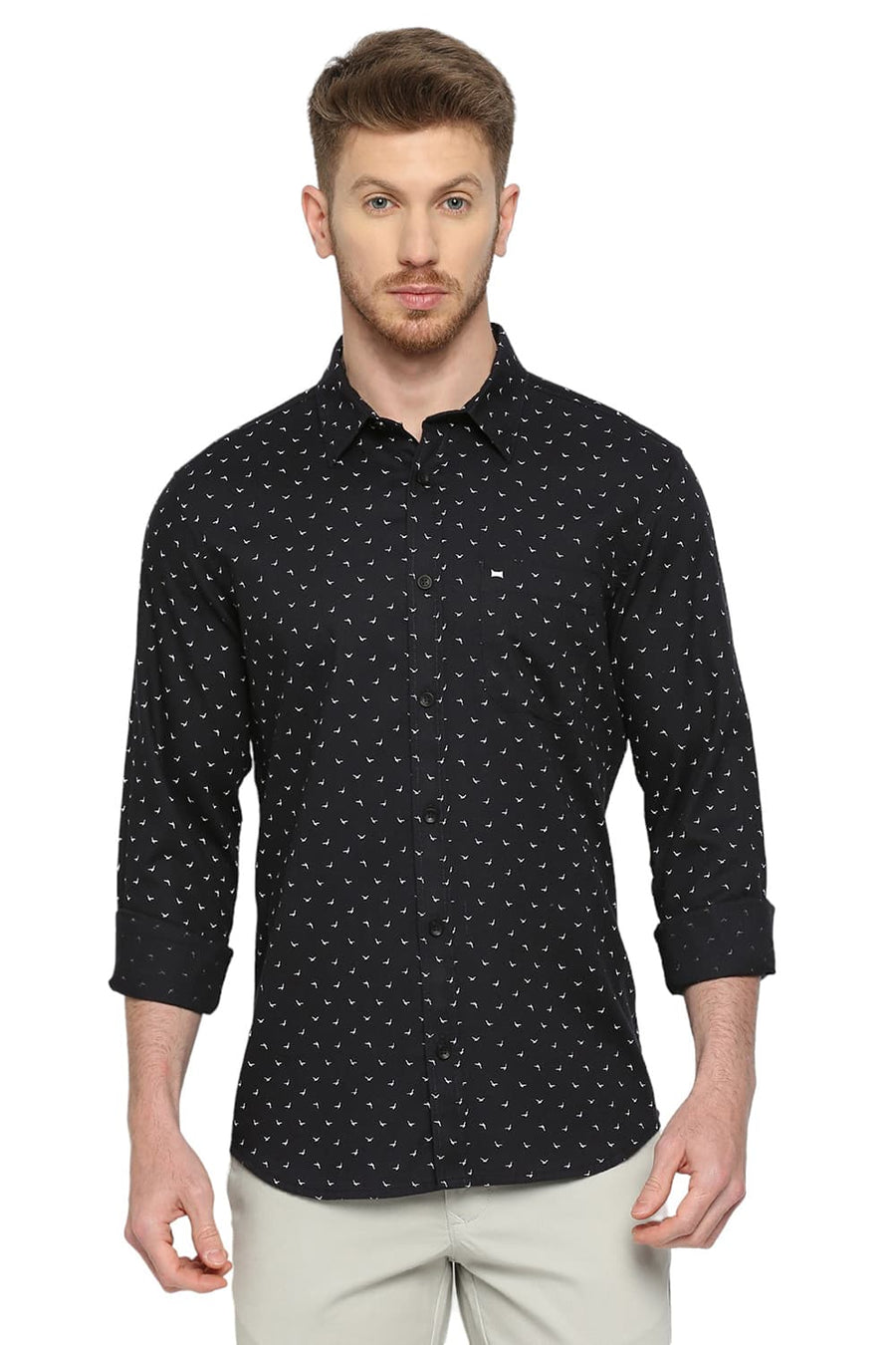 BASICS SLIM FIT CHARCOAL GREY COTTON DOBBY PRINTED SHIRT