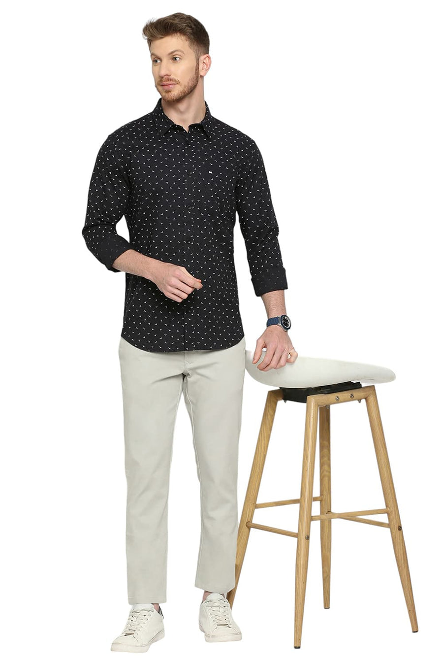 BASICS SLIM FIT CHARCOAL GREY COTTON DOBBY PRINTED SHIRT