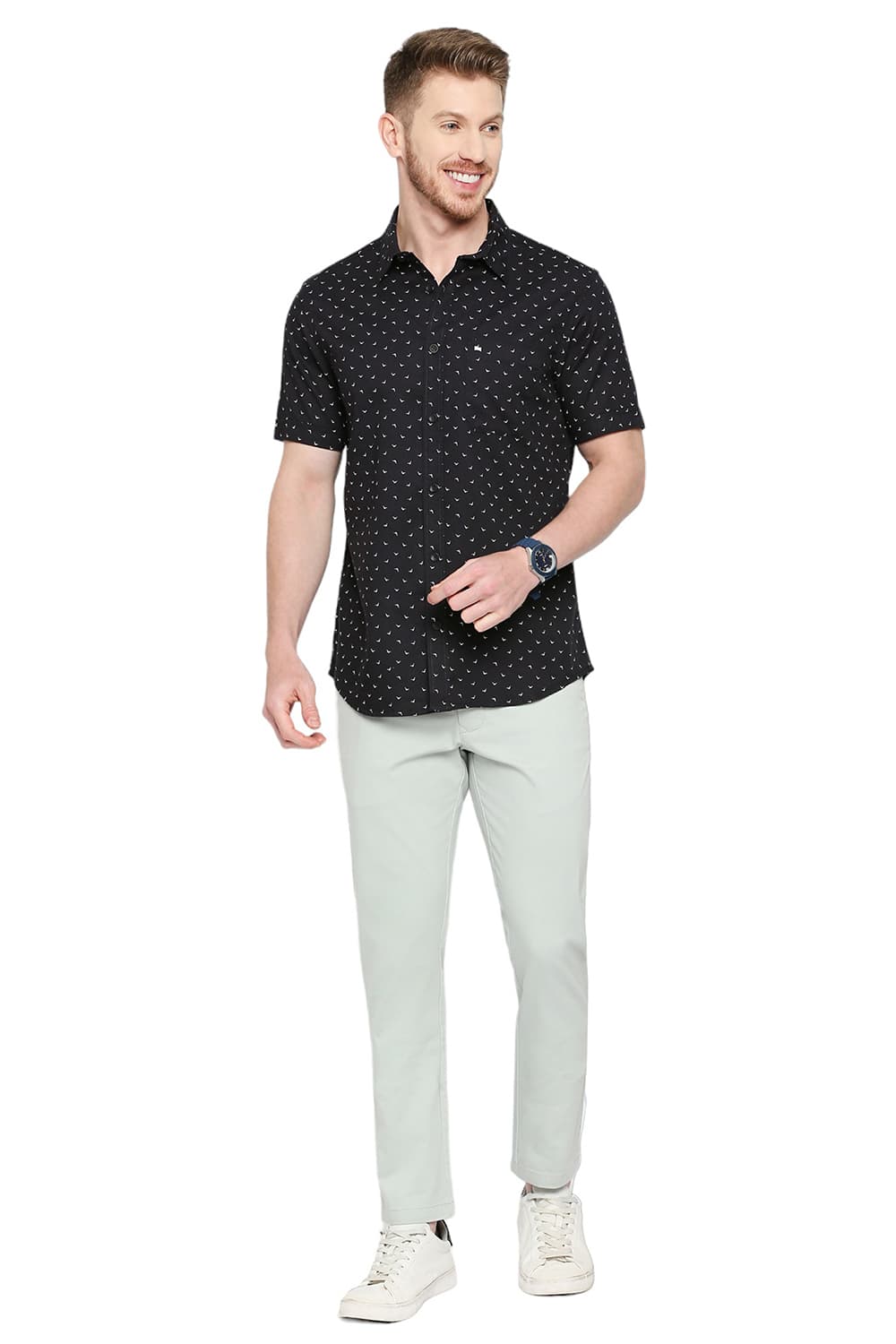 BASICS SLIM FIT COTTON DOBBY PRINTED HALFSLEEVES SHIRT