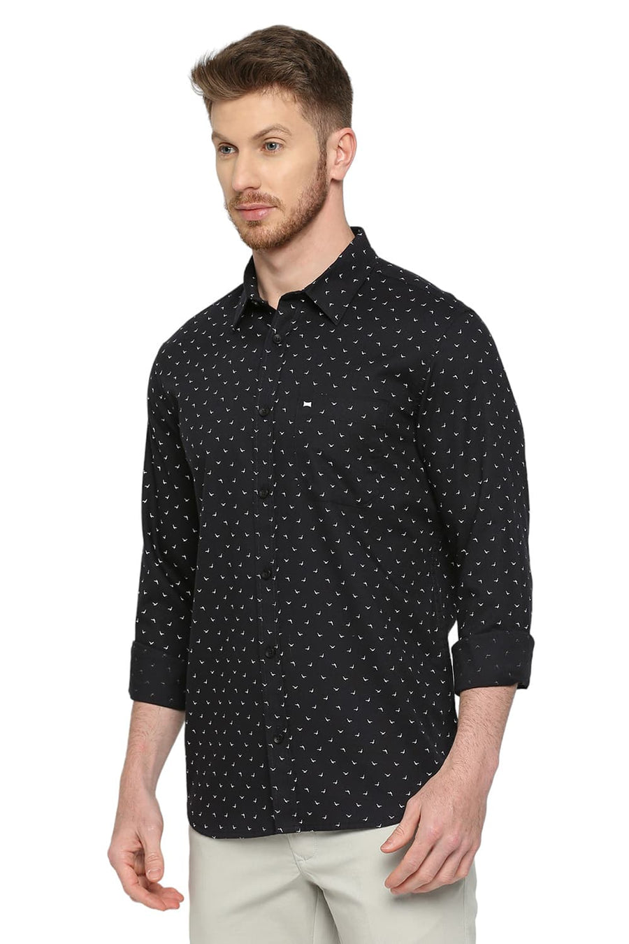 BASICS SLIM FIT CHARCOAL GREY COTTON DOBBY PRINTED SHIRT