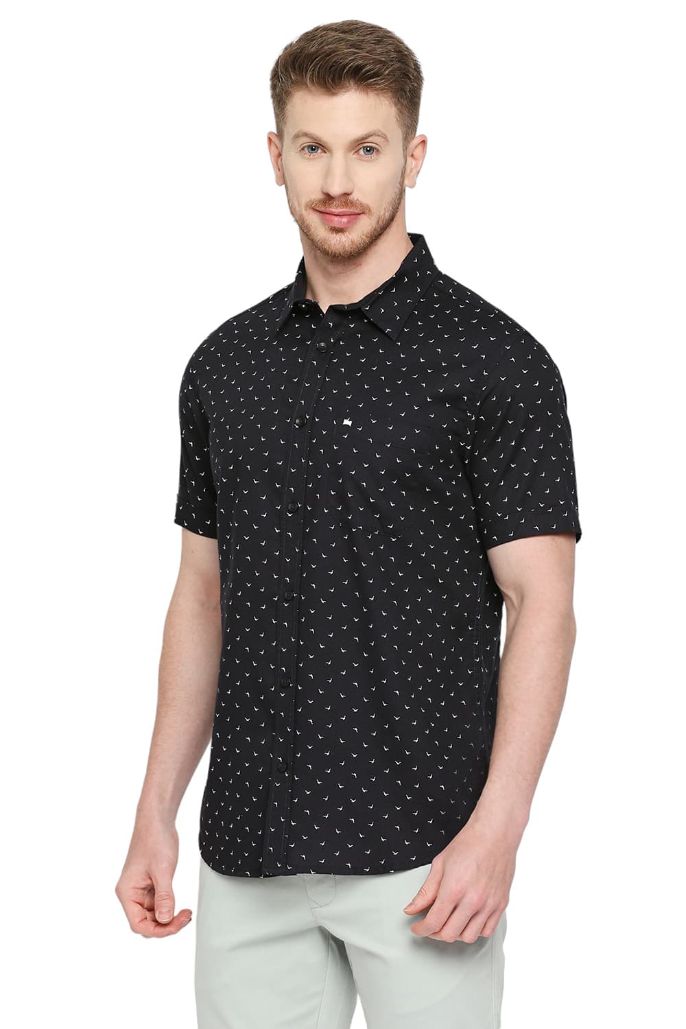 BASICS SLIM FIT COTTON DOBBY PRINTED HALFSLEEVES SHIRT