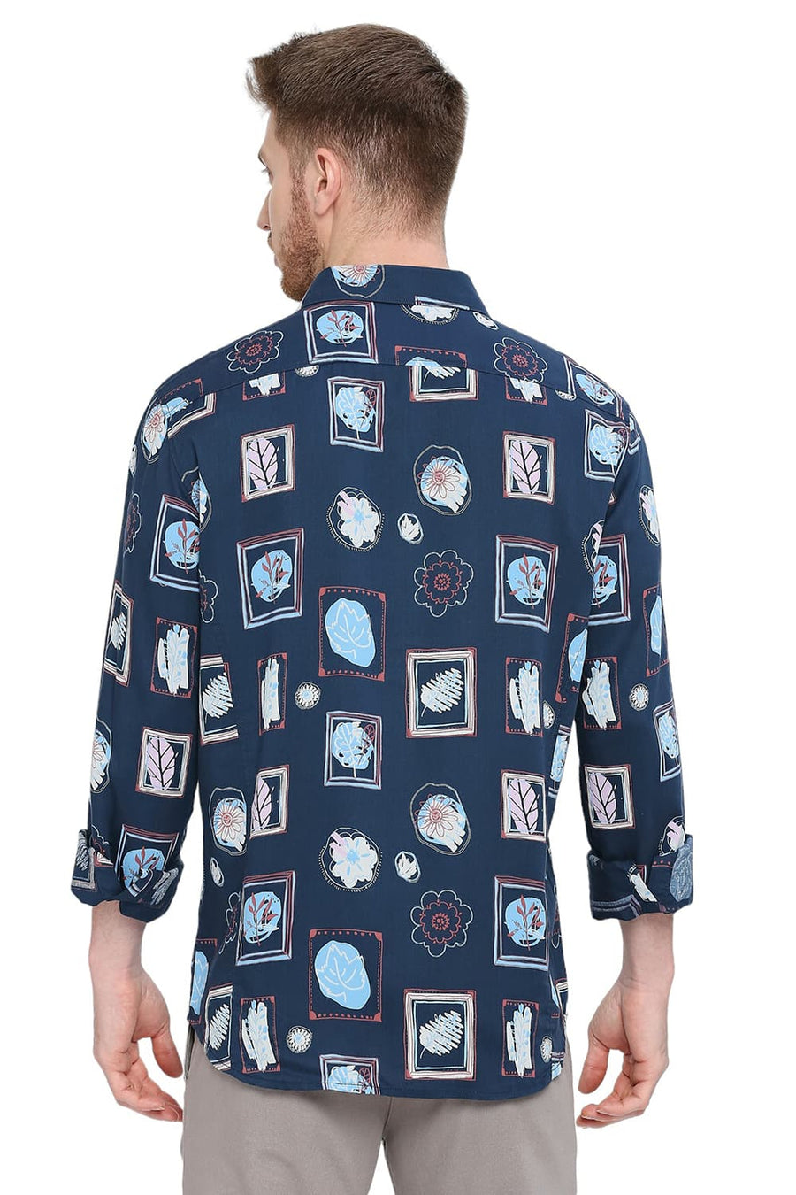 BASICS SLIM FIT MOROCCAN NAVY TENCEL PRINTED SHIRT