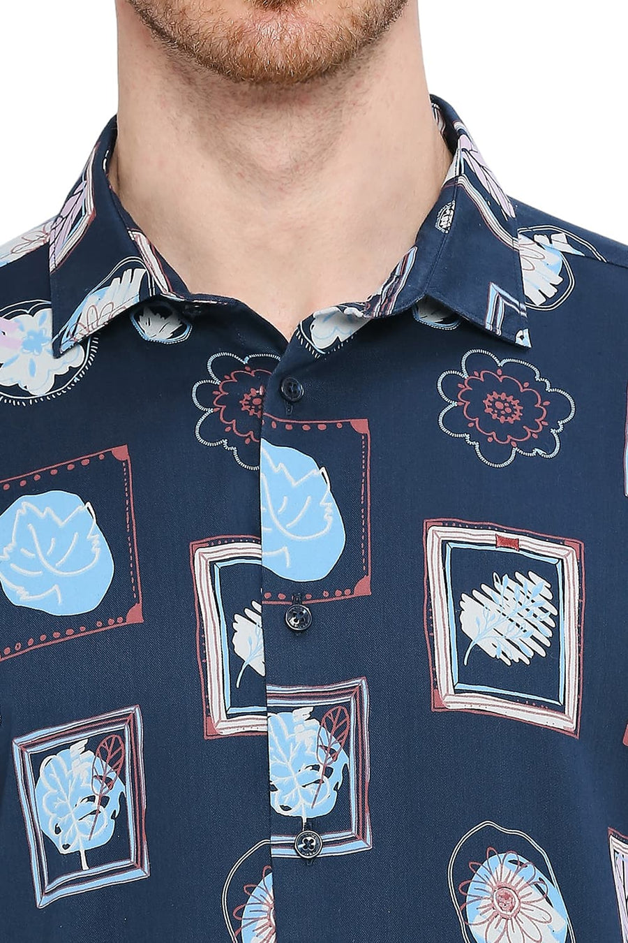 BASICS SLIM FIT MOROCCAN NAVY TENCEL PRINTED SHIRT