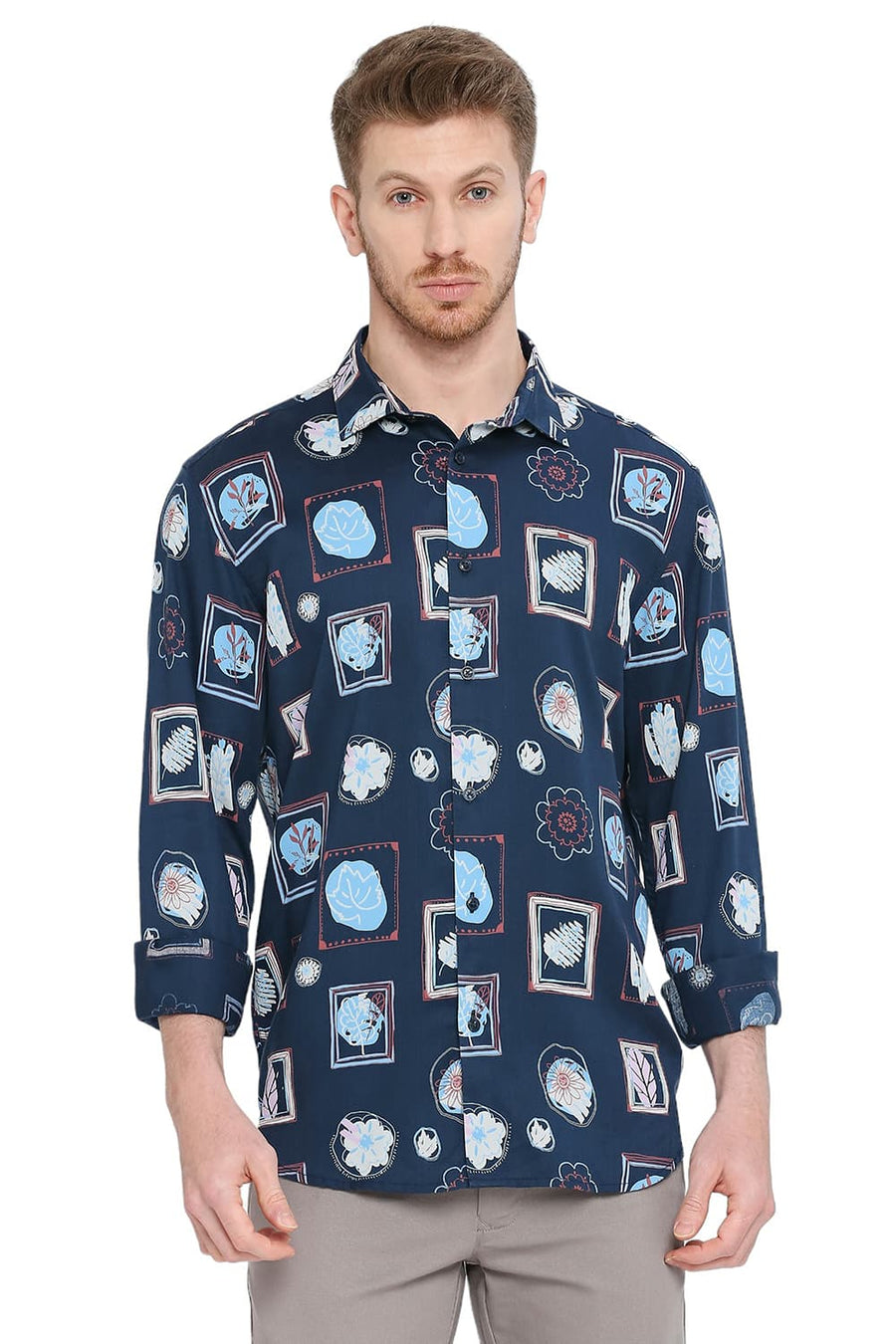 BASICS SLIM FIT MOROCCAN NAVY TENCEL PRINTED SHIRT