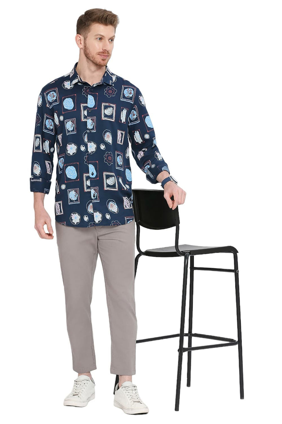 BASICS SLIM FIT MOROCCAN NAVY TENCEL PRINTED SHIRT