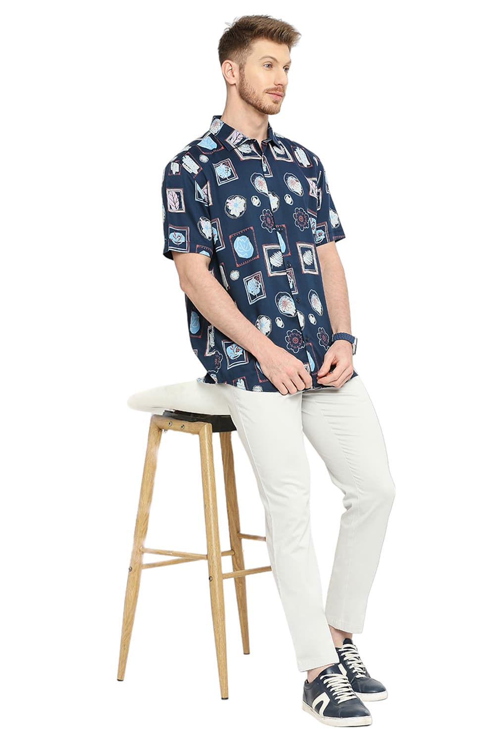 BASICS SLIM FIT TENCEL PRINTED HALFSLEEVES SHIRT