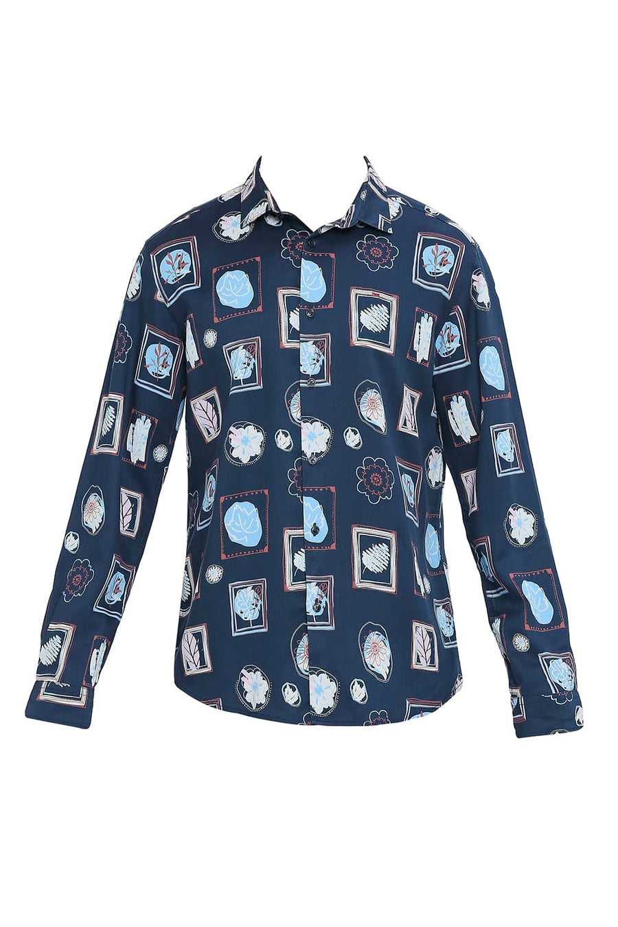 BASICS SLIM FIT MOROCCAN NAVY TENCEL PRINTED SHIRT