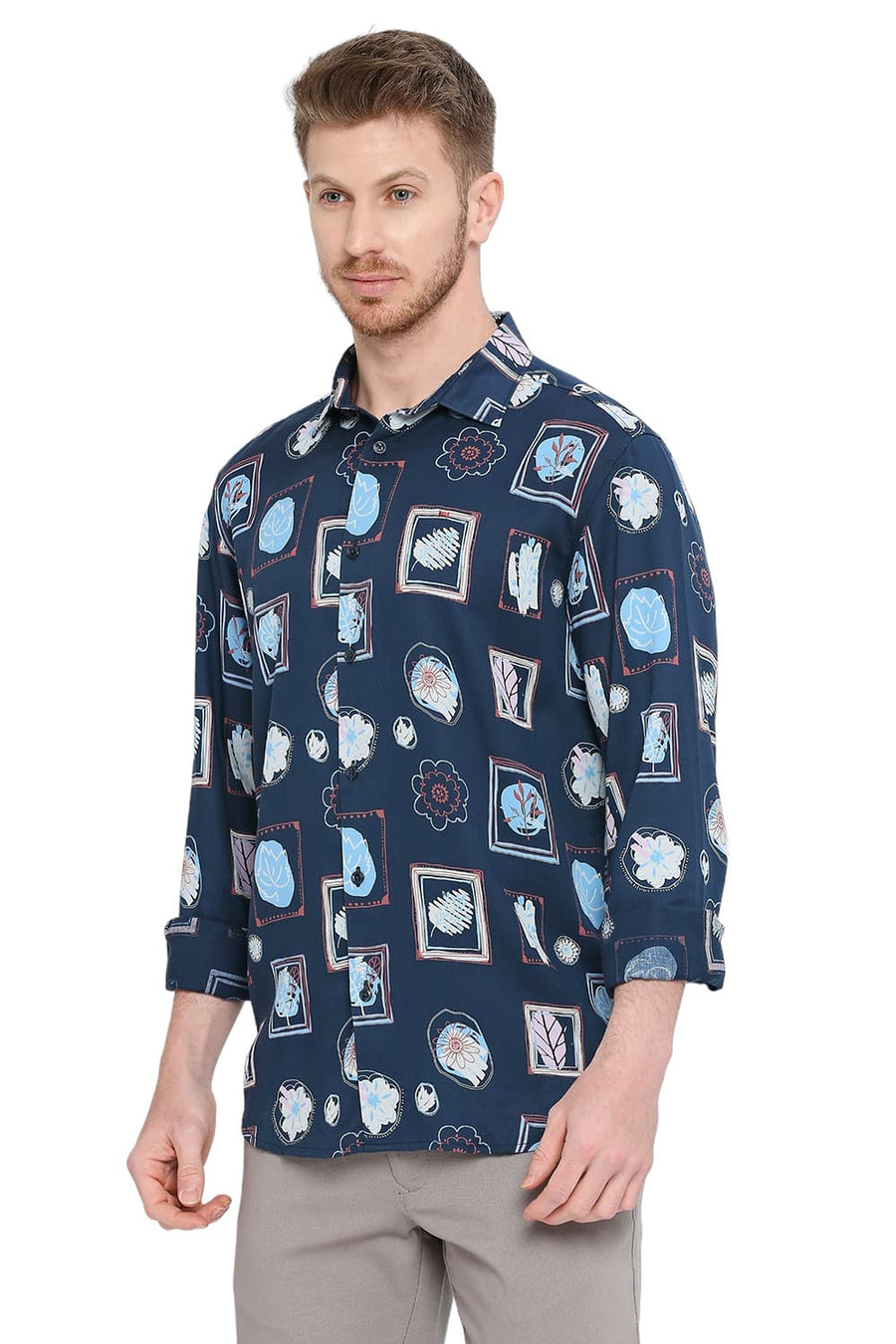 BASICS SLIM FIT MOROCCAN NAVY TENCEL PRINTED SHIRT