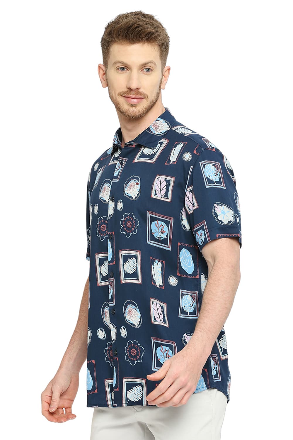 BASICS SLIM FIT TENCEL PRINTED HALFSLEEVES SHIRT