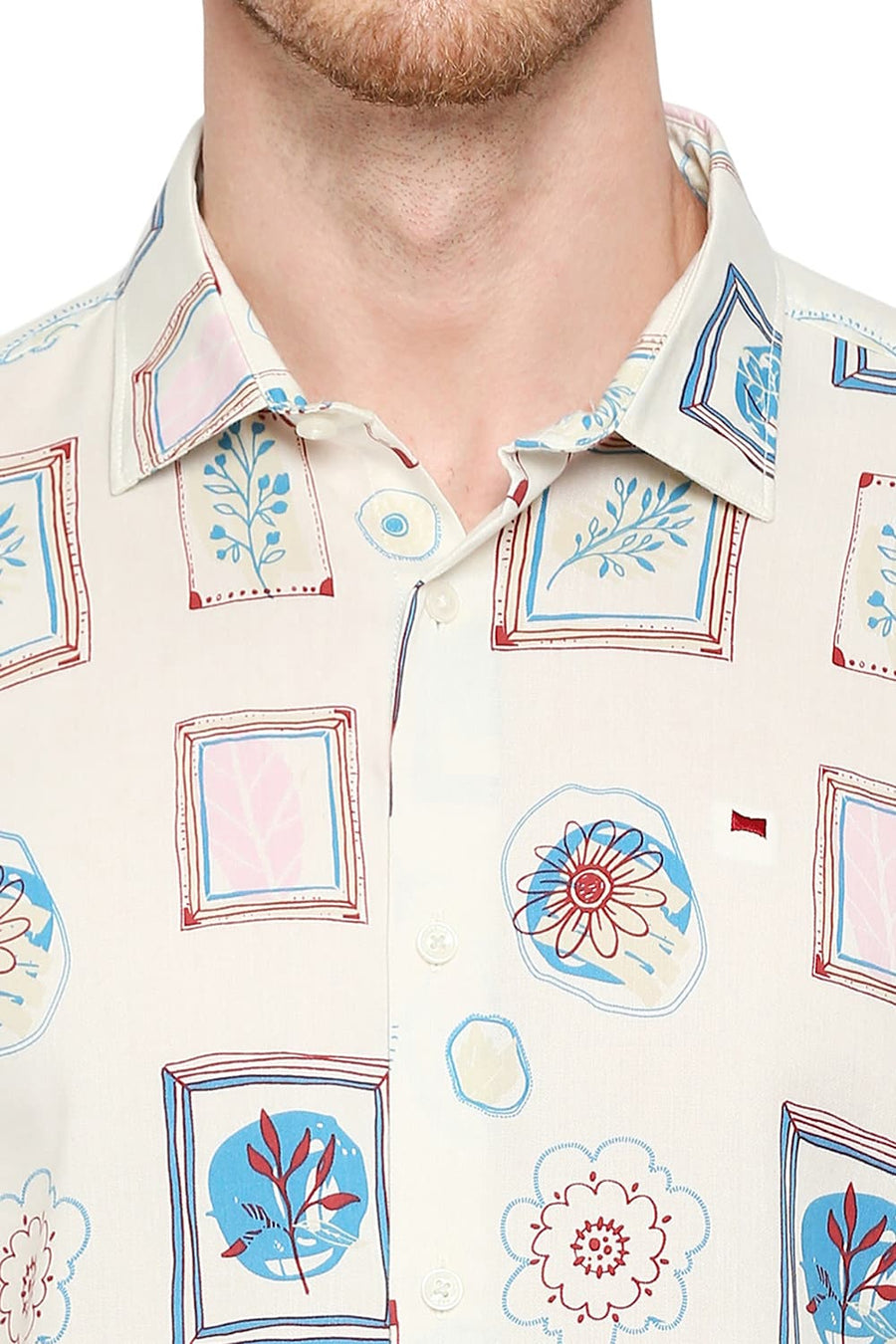 BASICS SLIM FIT PALE BEIGE TENCEL PRINTED SHIRT