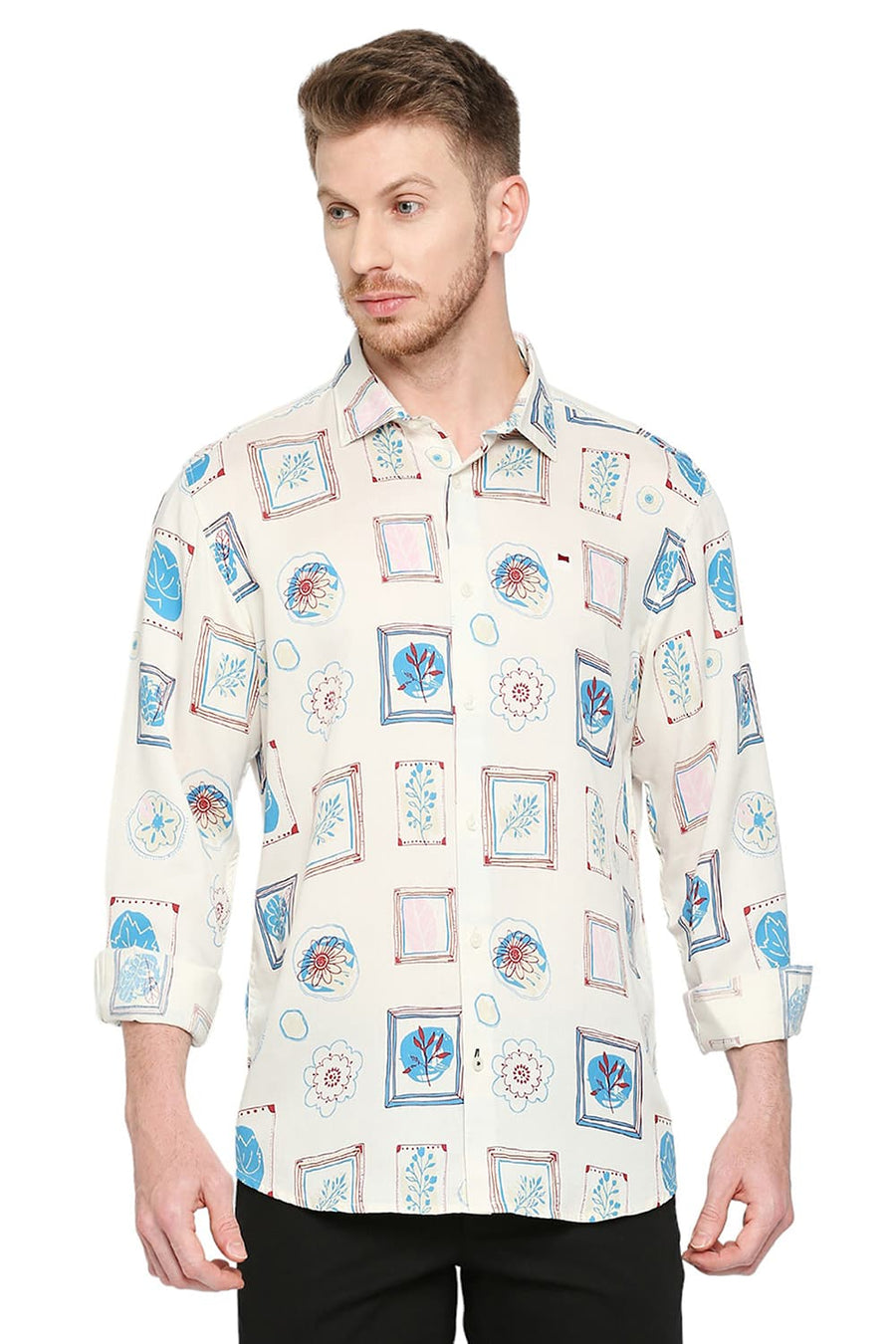 BASICS SLIM FIT PALE BEIGE TENCEL PRINTED SHIRT