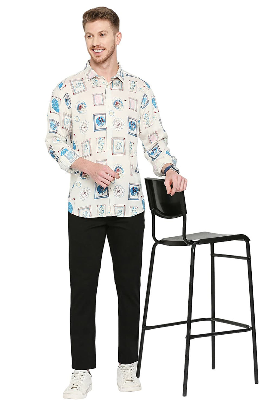 BASICS SLIM FIT PALE BEIGE TENCEL PRINTED SHIRT