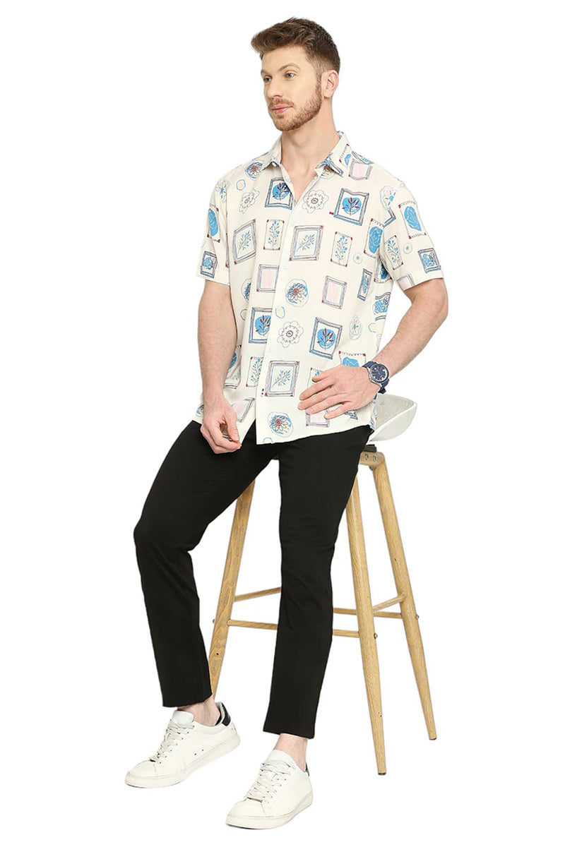 BASICS SLIM FIT TENCEL PRINTED HALFSLEEVES SHIRT