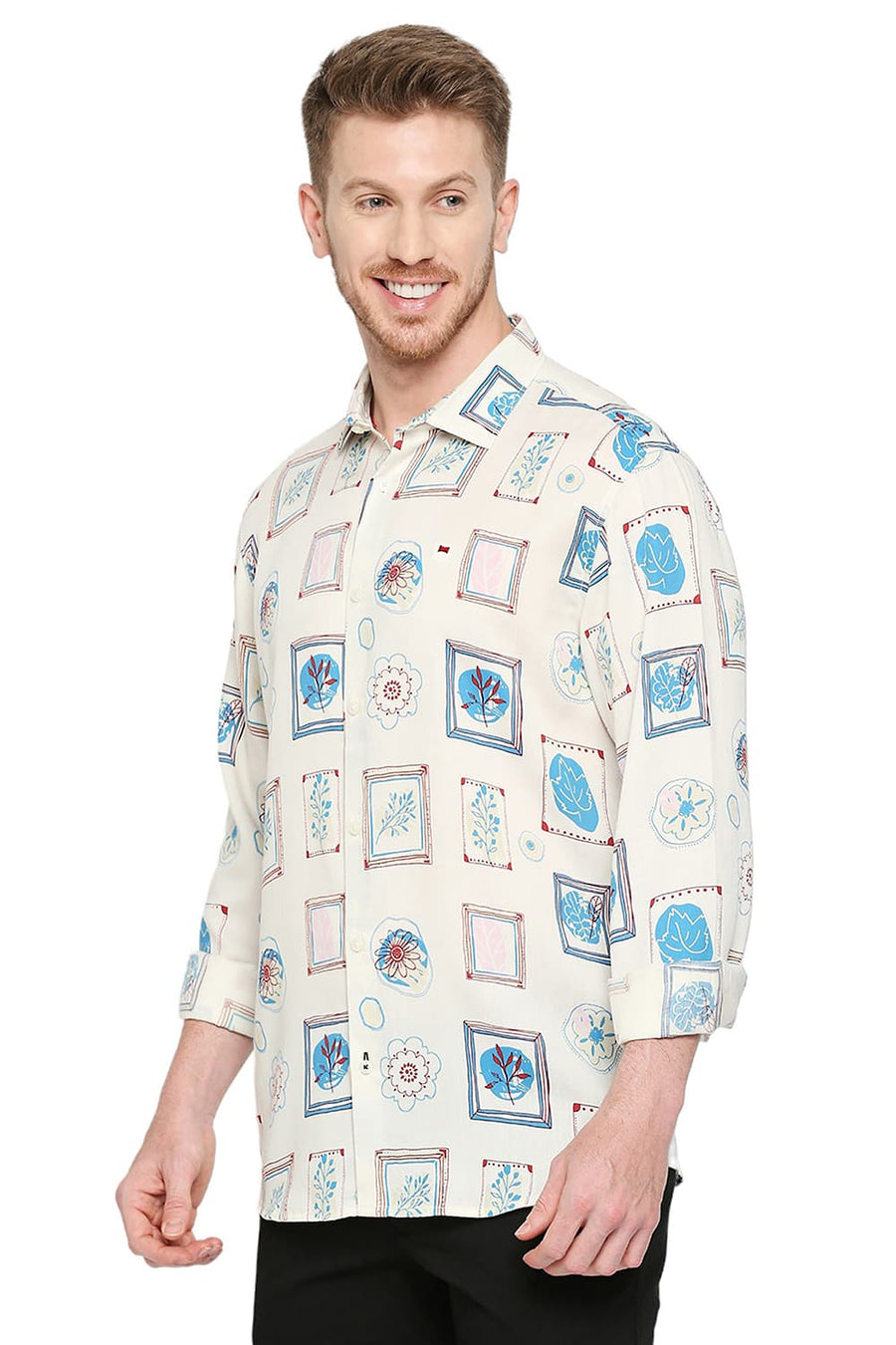 BASICS SLIM FIT PALE BEIGE TENCEL PRINTED SHIRT