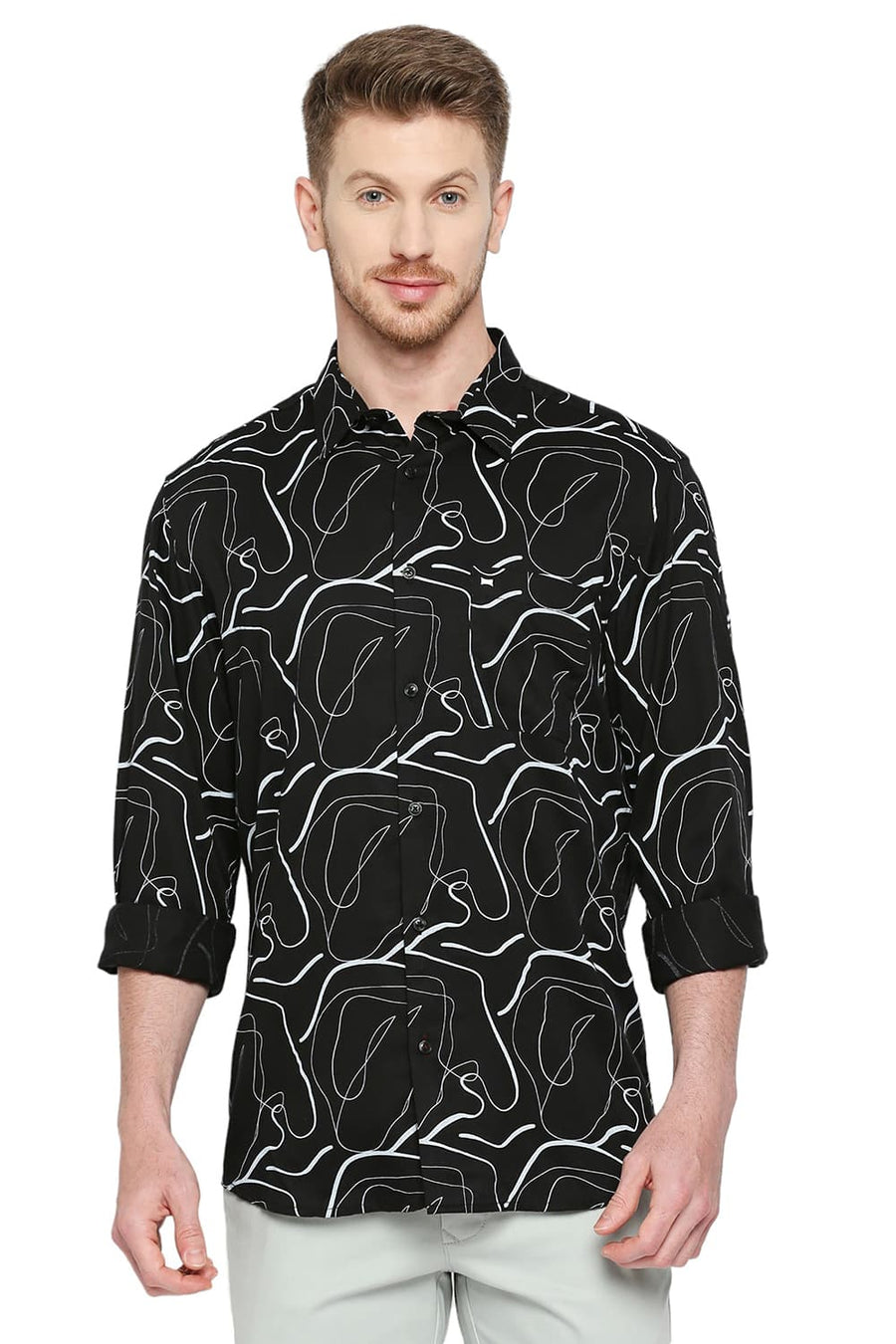 BASICS SLIM FIT VULCAN BLACK TENCEL PRINTED SHIRT