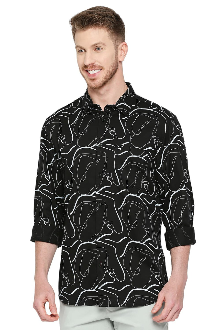 BASICS SLIM FIT VULCAN BLACK TENCEL PRINTED SHIRT