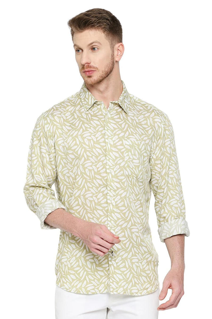 BASICS SLIM FIT CAPULET OLIVE TENCEL PRINTED SHIRT