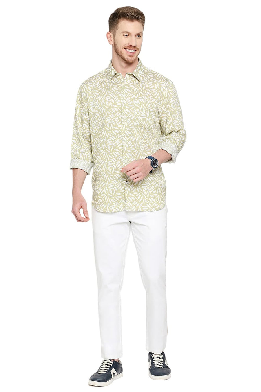 BASICS SLIM FIT CAPULET OLIVE TENCEL PRINTED SHIRT