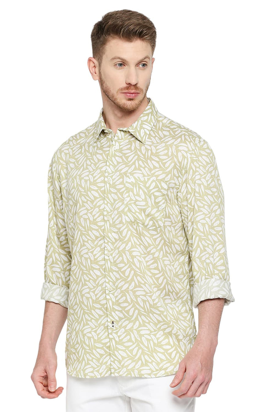 BASICS SLIM FIT CAPULET OLIVE TENCEL PRINTED SHIRT