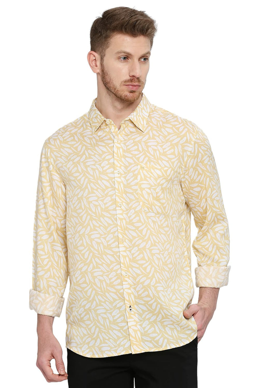BASICS SLIM FIT SUNDRESS YELLOW TENCEL PRINTED SHIRT