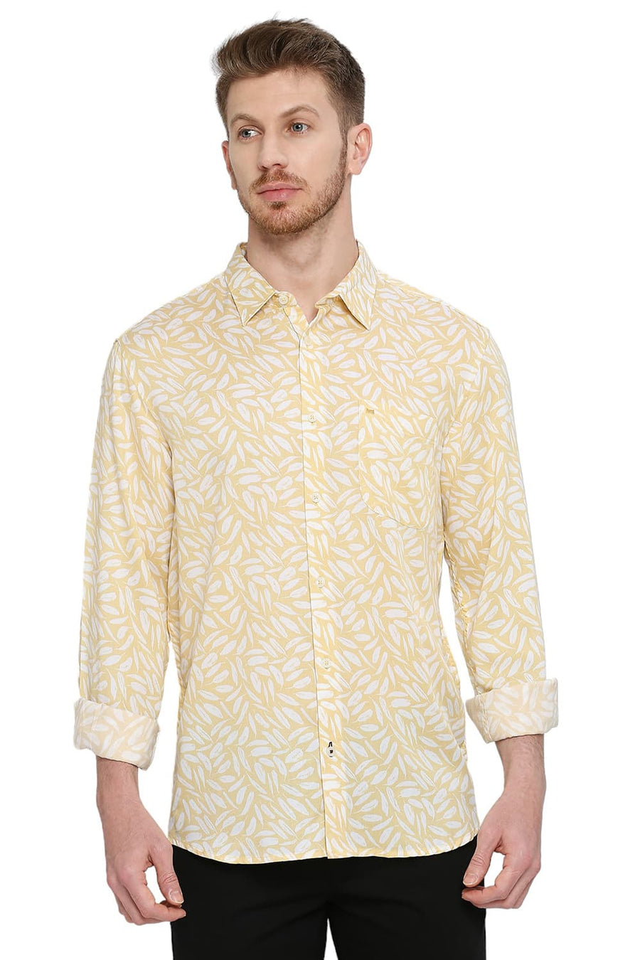 BASICS SLIM FIT SUNDRESS YELLOW TENCEL PRINTED SHIRT