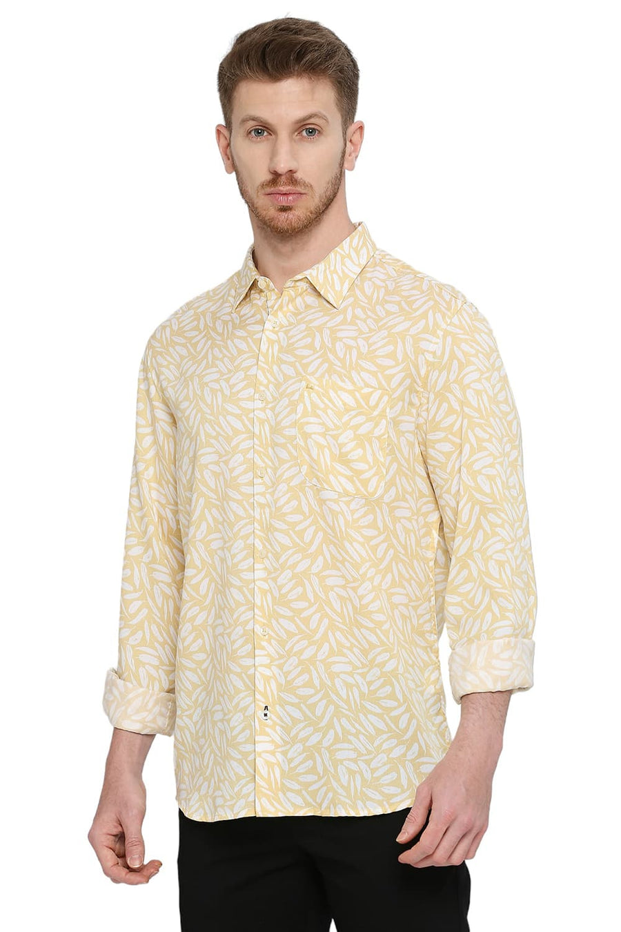 BASICS SLIM FIT SUNDRESS YELLOW TENCEL PRINTED SHIRT