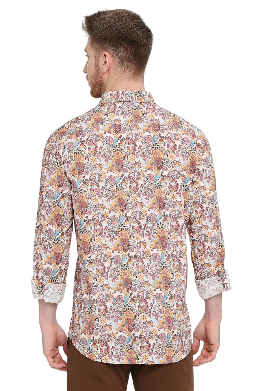 BASICS SLIM FIT SEED PEARL BEIGE COTTON VISCOSE DIGITAL PRINTED SHIRT