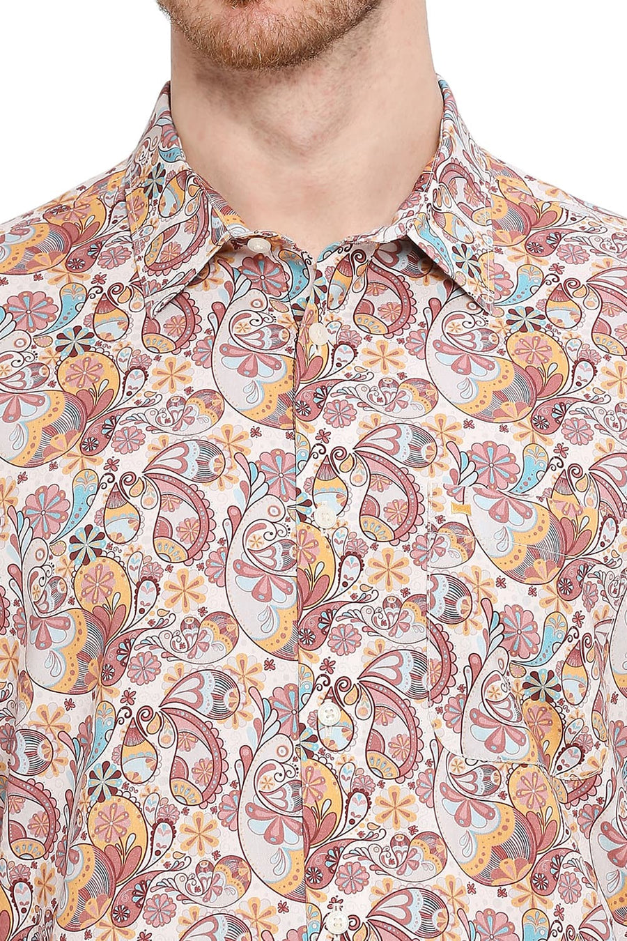 BASICS SLIM FIT SEED PEARL BEIGE COTTON VISCOSE DIGITAL PRINTED SHIRT