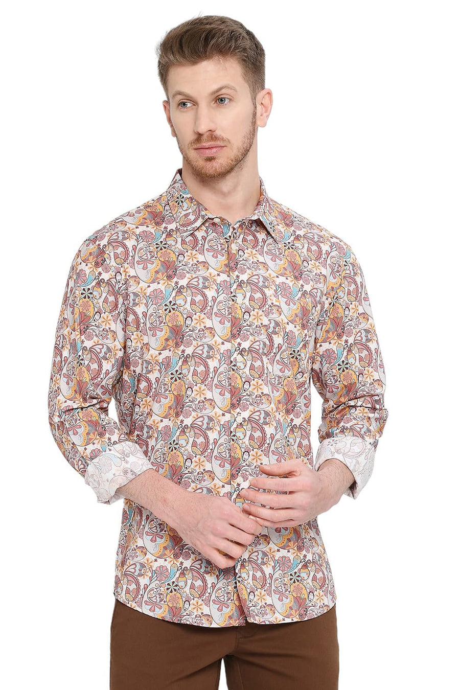 BASICS SLIM FIT SEED PEARL BEIGE COTTON VISCOSE DIGITAL PRINTED SHIRT
