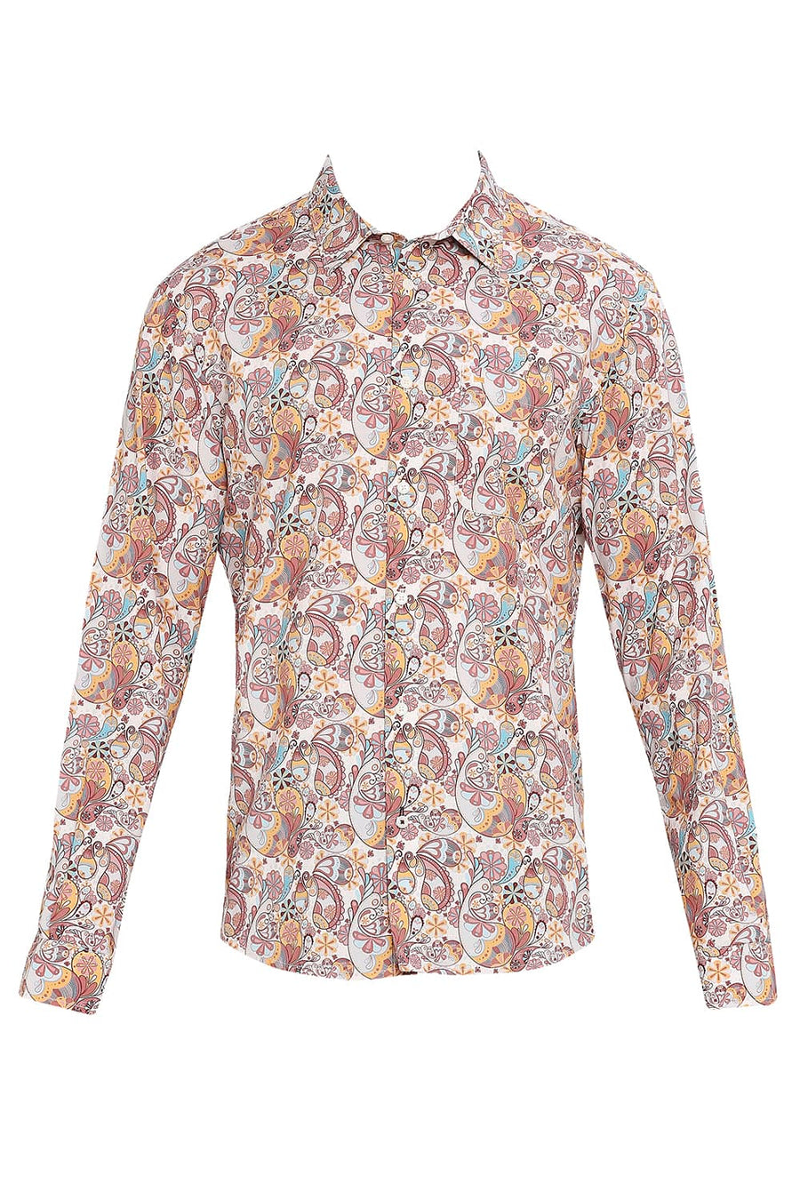 BASICS SLIM FIT SEED PEARL BEIGE COTTON VISCOSE DIGITAL PRINTED SHIRT