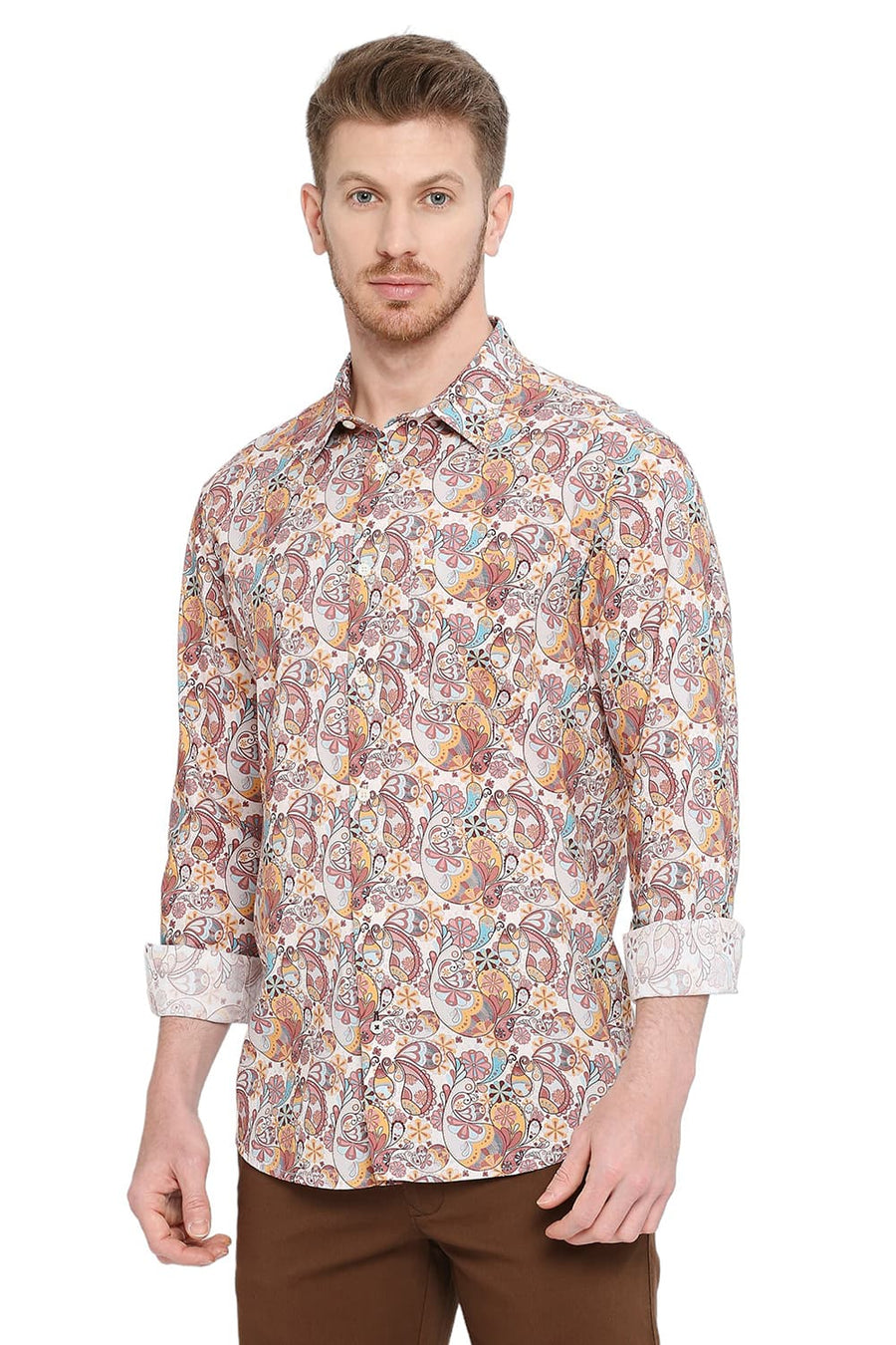 BASICS SLIM FIT SEED PEARL BEIGE COTTON VISCOSE DIGITAL PRINTED SHIRT