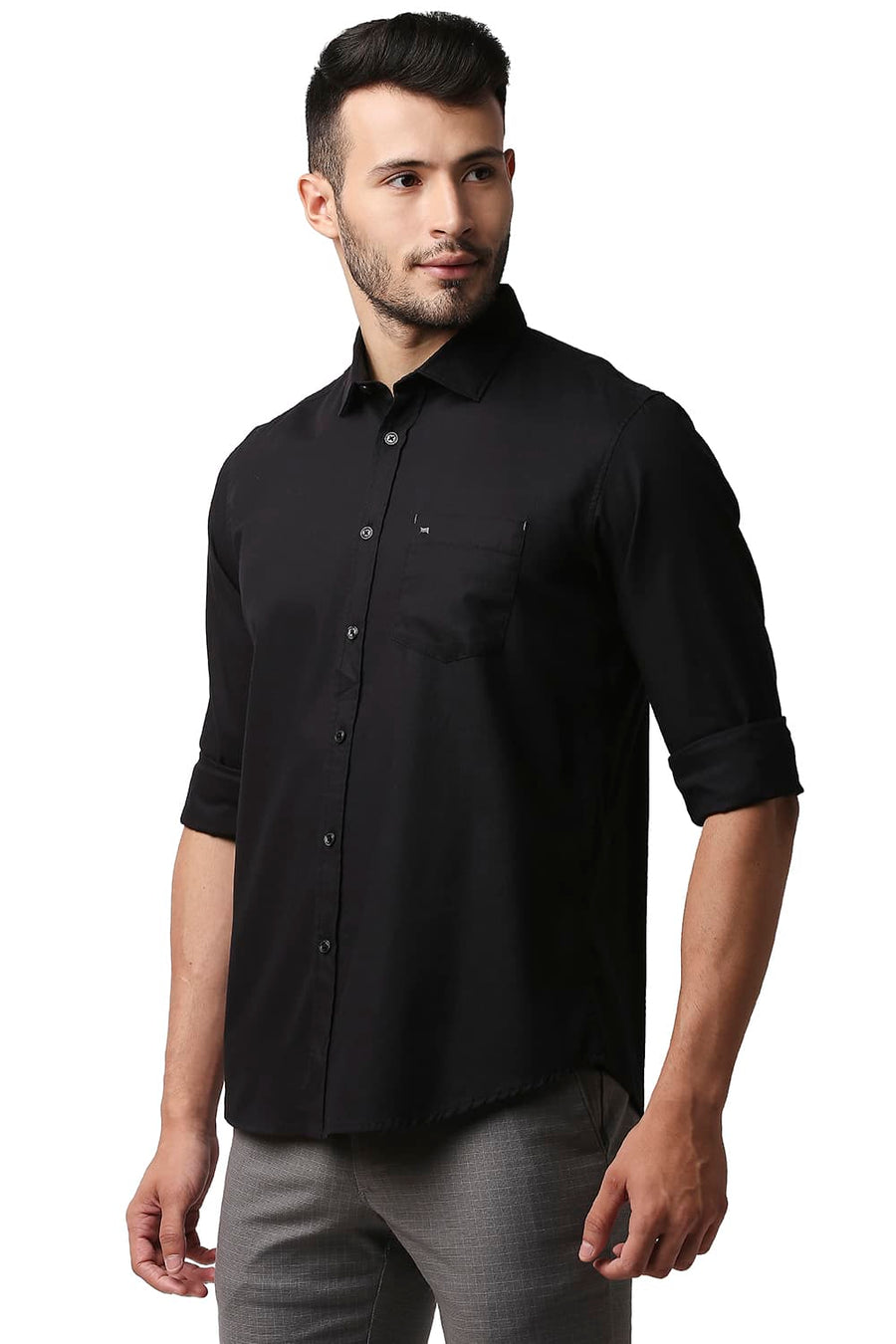 BASICS SLIM FIT CHARCOAL BLACK COTTON CREPE SHIRT