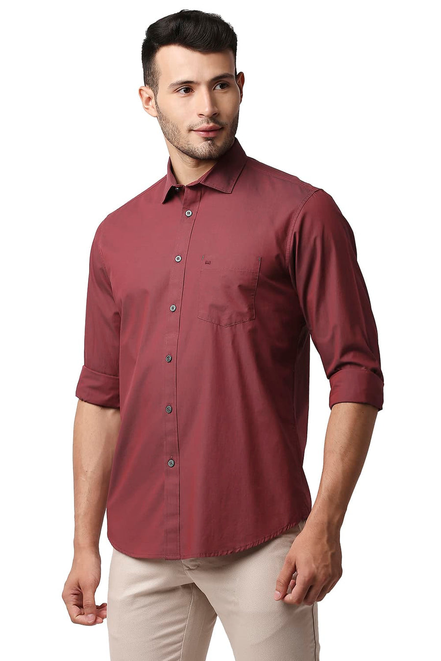 BASICS SLIM FIT URBAN RED COTTON TWO TONE CHAMBRAY SHIRT