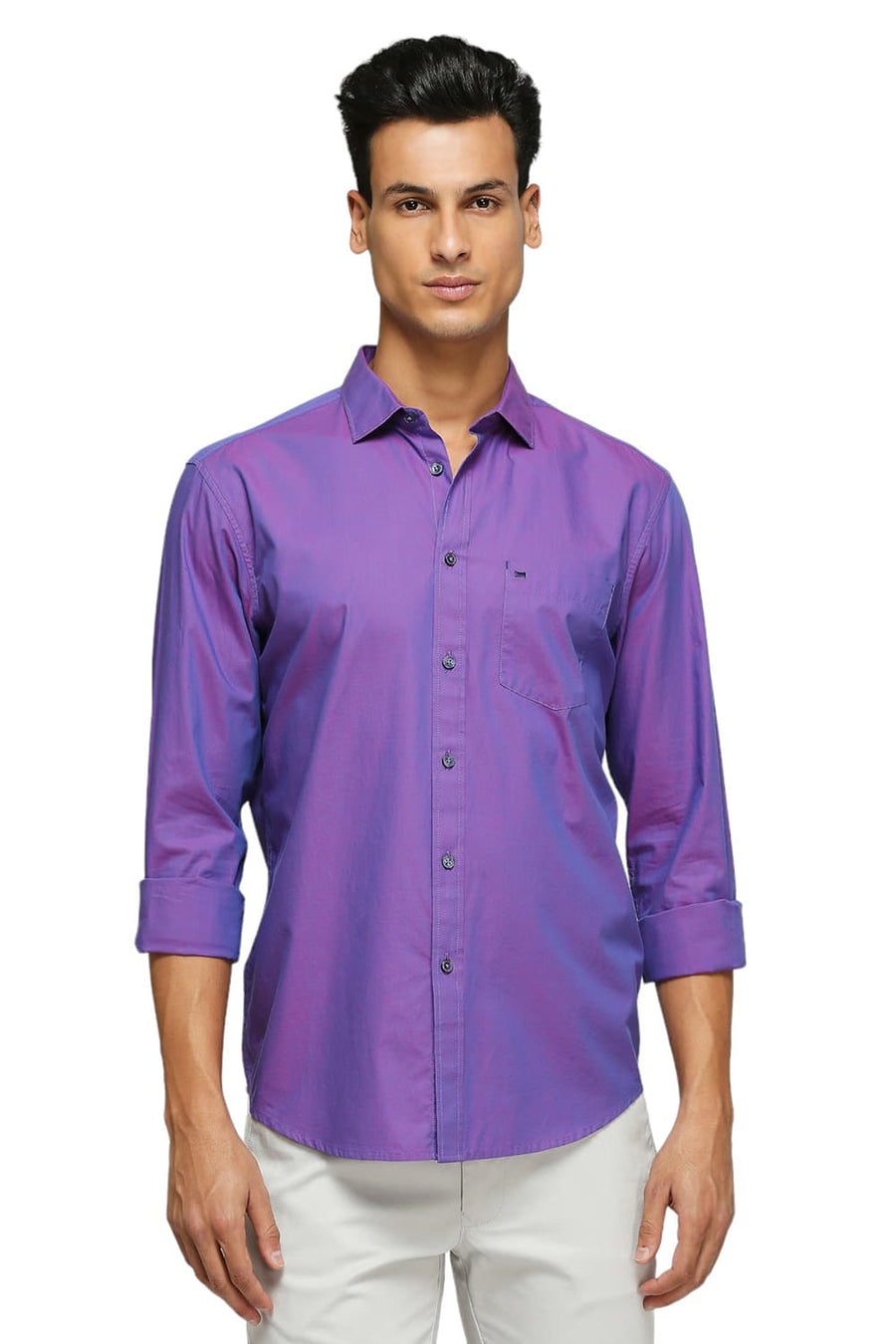 BASICS SLIM FIT GRAPE PURPLE COTTON TWO TONE CHAMBRAY SHIRT