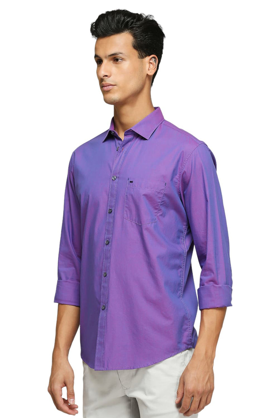 BASICS SLIM FIT GRAPE PURPLE COTTON TWO TONE CHAMBRAY SHIRT