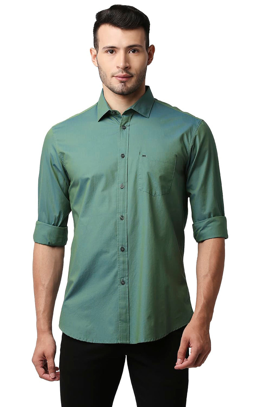 BASICS SLIM FIT PORCELAIN GREEN COTTON TWO TONE CHAMBRAY SHIRT