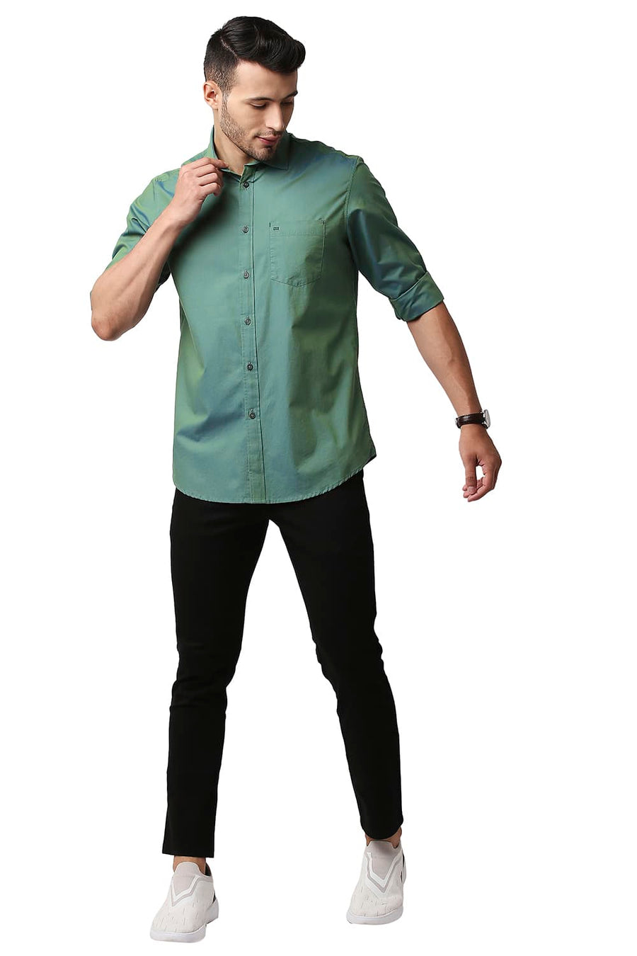 BASICS SLIM FIT PORCELAIN GREEN COTTON TWO TONE CHAMBRAY SHIRT