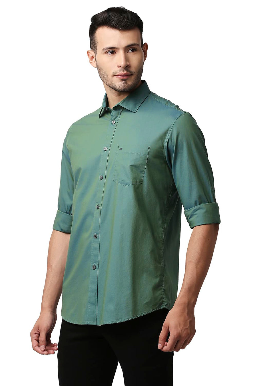 BASICS SLIM FIT PORCELAIN GREEN COTTON TWO TONE CHAMBRAY SHIRT