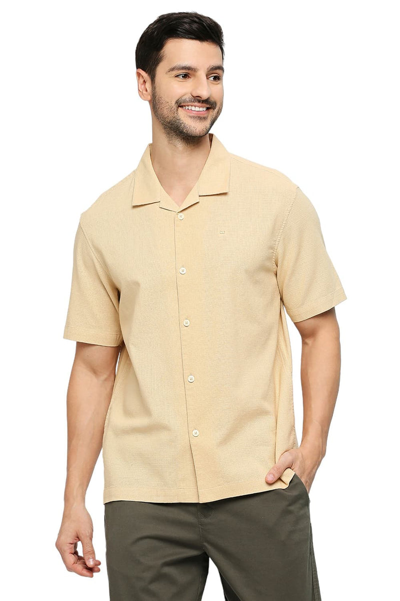 BASICS RELAXED FIT ITALIAN STRAW BEIGE COTTON HOPSACK DOBBY HALFSLEEVES SHIRT-24BSH53684H