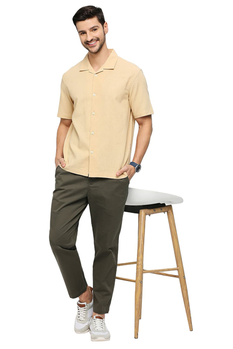BASICS RELAXED FIT ITALIAN STRAW BEIGE COTTON HOPSACK DOBBY HALFSLEEVES SHIRT-24BSH53684H