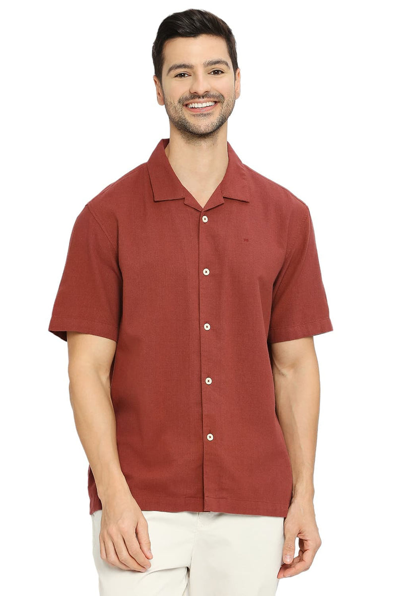 BASICS RELAXED FIT MERLOT RED COTTON HOPSACK DOBBY HALFSLEEVES SHIRT-24BSH53686H