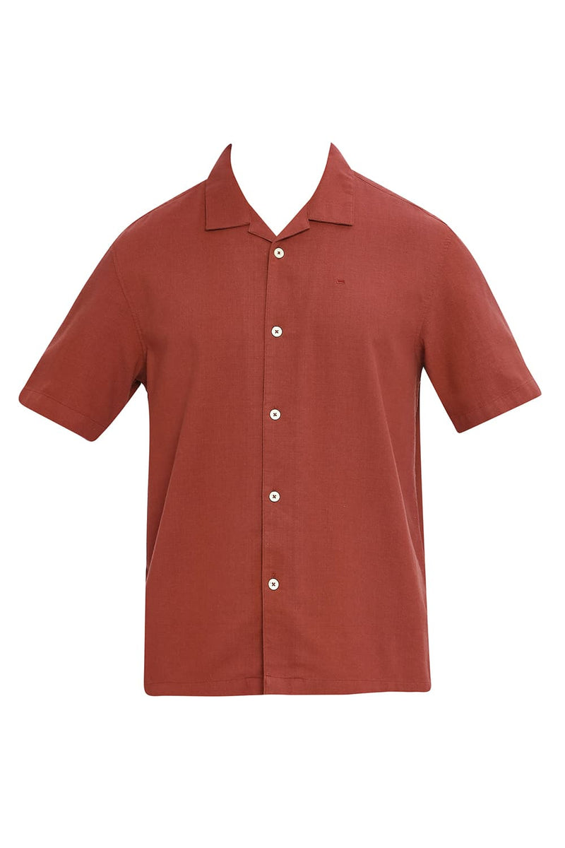 BASICS RELAXED FIT MERLOT RED COTTON HOPSACK DOBBY HALFSLEEVES SHIRT-24BSH53686H