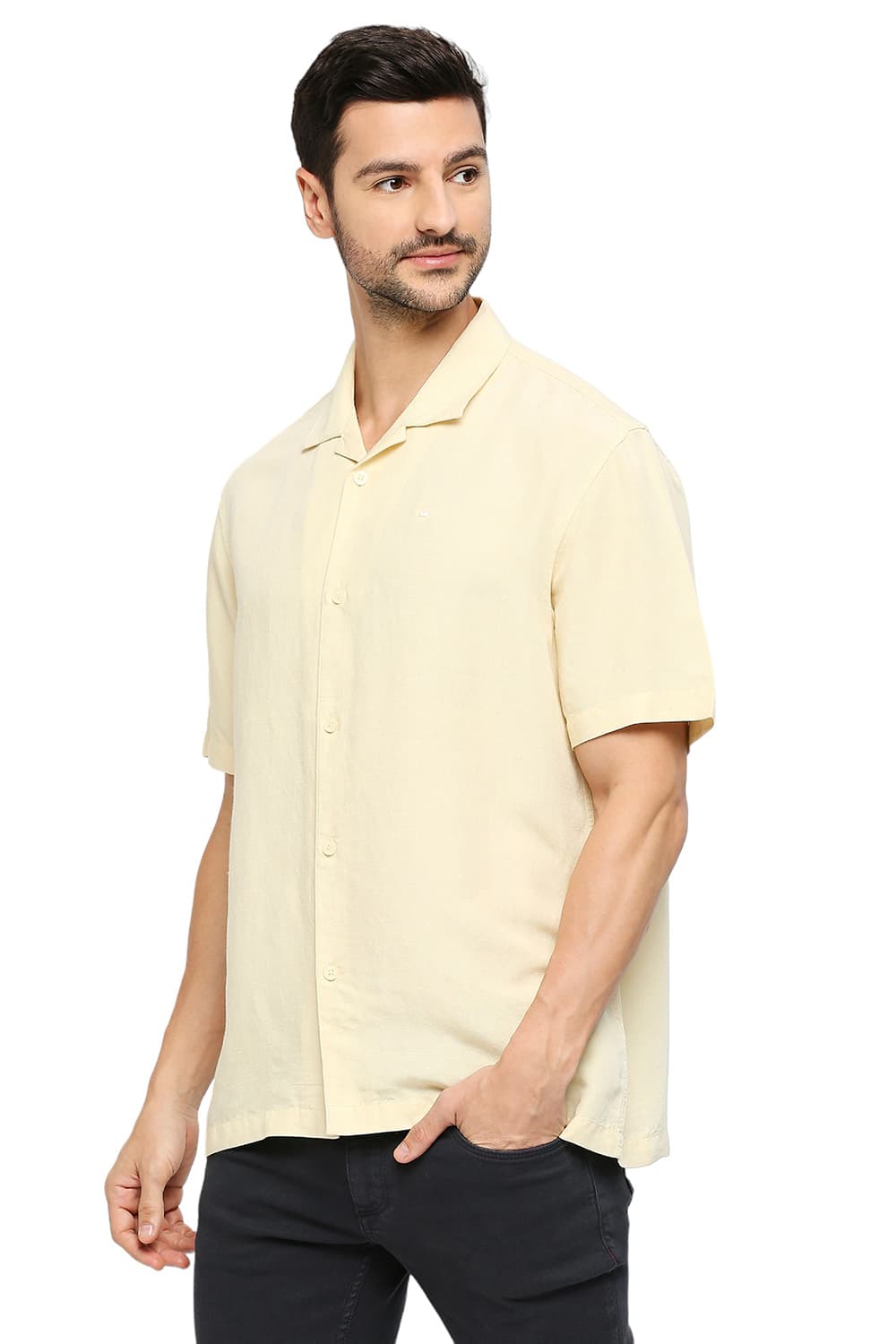 BASICS RELAXED FIT VISCOSE LINEN HALFSLEEVES SHIRT